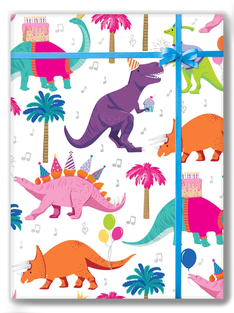 Colors of Rainbow Flat Sheet Wrapping Paper Featuring Jurassic T-Rex Dinosaurs Party Apatosaurus Triceratops Pentaceratops, Stegosaurus Saurolophus Tyrannosaurus Gift Wrap (Dino Party) - Image 2